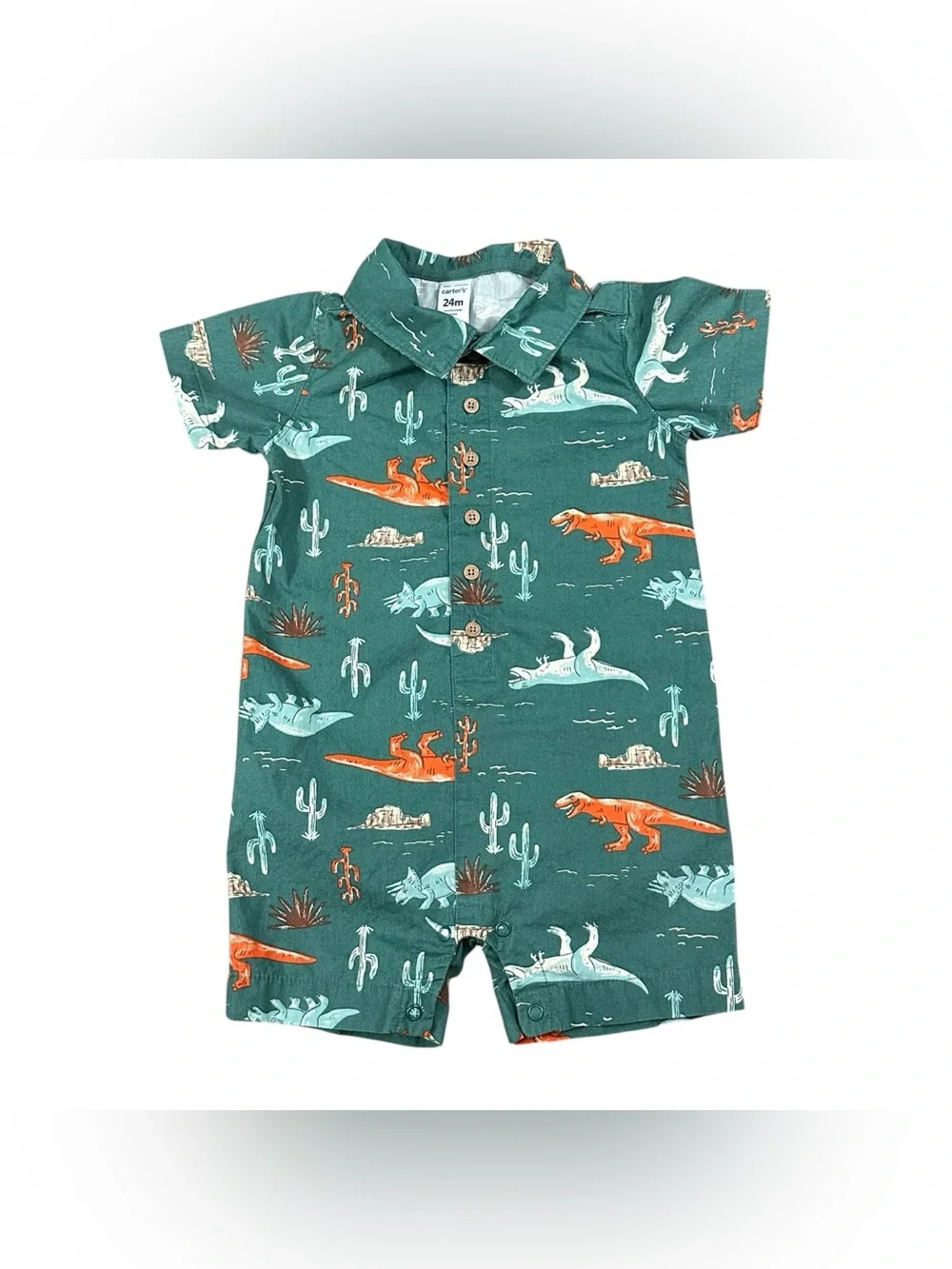 Carter’s Baby Boy 24M Dinosaur Cactus Desert Print Button Romper Green